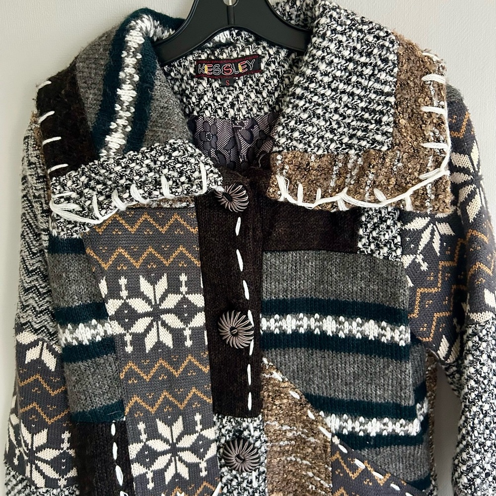 KESSLEY Patchwork Fair Isle Sweater Coat Boho Art Wear Nordic Lagenlook Sz Small - Picture 8 of 16